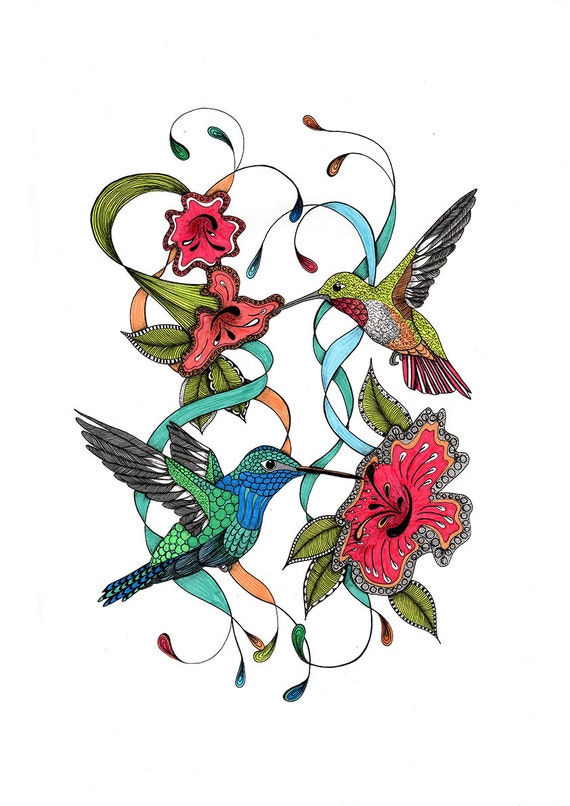 Hummingbird art print with hibiscus flowers. by TangledPeacock