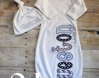 Personalized Baby Boy Newborn Tie Hat and Gown - Name Boy Navy, Blue and Grey - Newborn Hospital Set - Infant Gown Onesie - Newborn Infant
