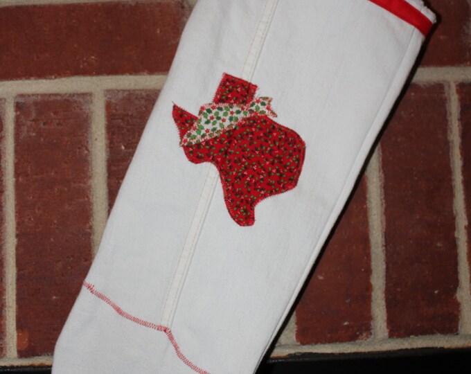 HALF PRICE ** Pair of Up-cycled Jeans Christmas Stockings with Red Holly Texas Theme