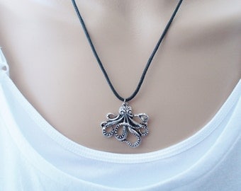 black cord necklace steampunk jewellery octopus necklace ocean jewellery sea animal necklace animal jewellery octopus pendant necklace gift
