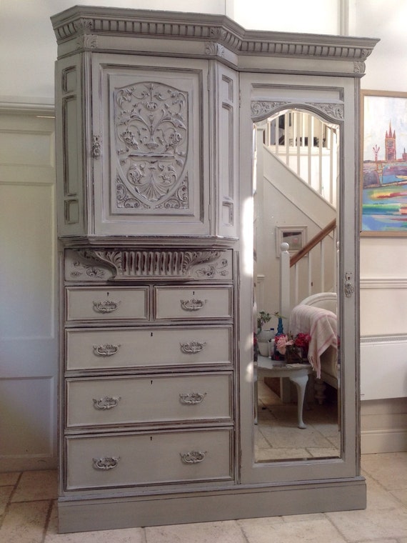 Impressive Antique Heavily Carved French Style Painted Wardrobe Compactum Combination Hall Cupboard Armoire