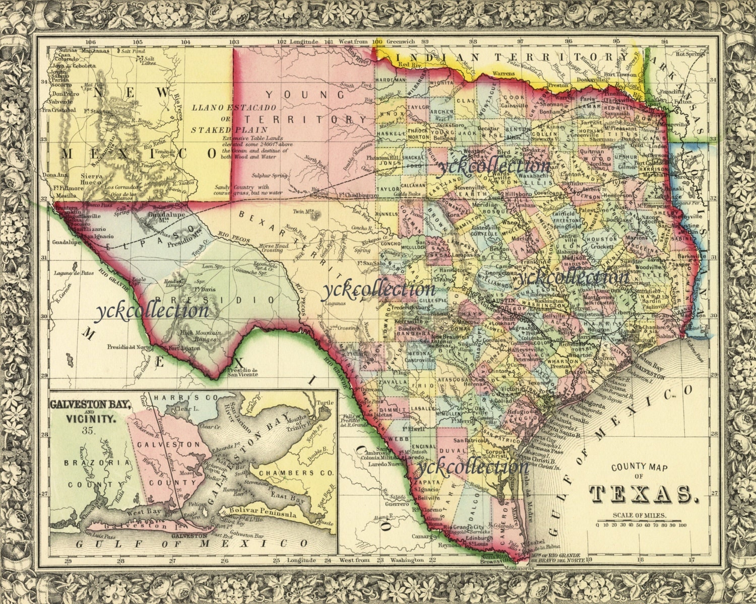 Antique Texas Map 1863 8 x 10 to 28 x 36 pixels