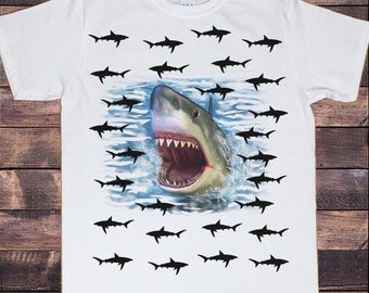 Men’s White T-Shirt Sharks All over novelty Print TSQ7