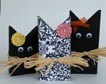 set of 3 wooden black cat halloween decor halloween cats rustic halloween decor - Black Cat Halloween Decorations set of 3 wooden black cat halloween decor halloween cats rustic halloween decor - Black Cat Halloween Decorations