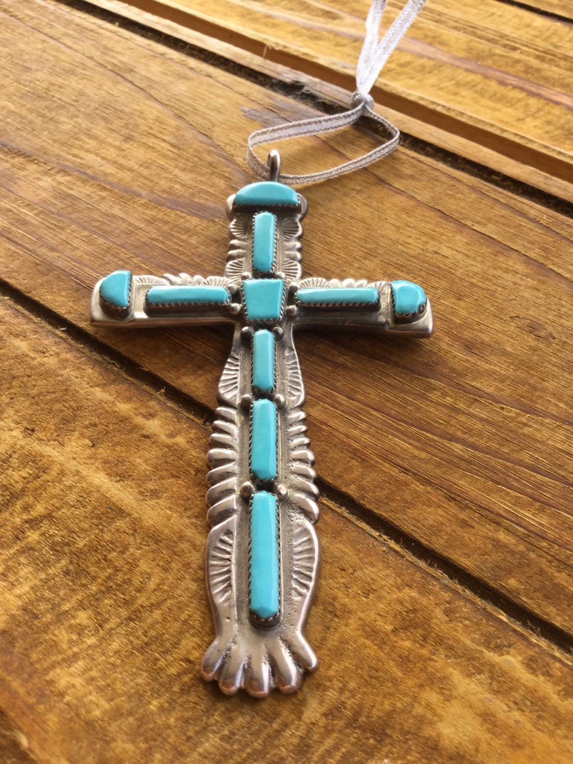 Turquoise Cross By Zuni Artist Cecelia Iule Signed Sterling