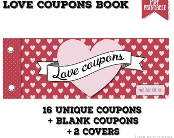 Love Coupon Book - 16 printable coupons for Boyfriend / Girlfriend, Anniversary. DIY Valentines Gift for Him - Gift for Her PDF