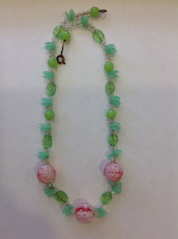 Vintage glass necklace pink green clear glass by Fleagleeattic