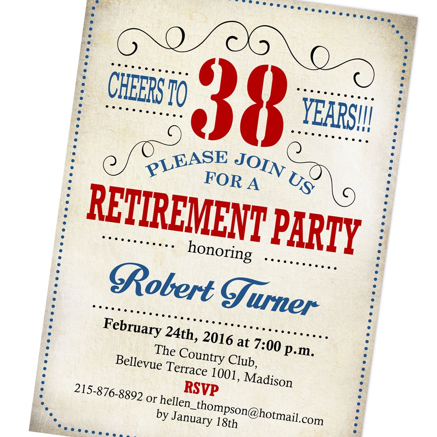 Retirement Party Invitation / Red Blue Invite / by FridayFactory