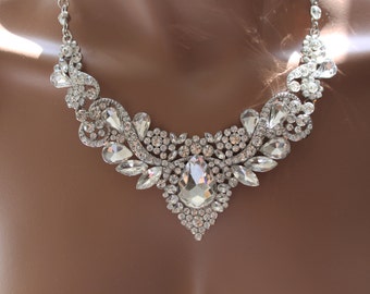 Bridal jewelry set Crystal Deco Nouveau Style Necklace with Earring, wedding jewelry set, Wedding Set ,Floral Crystal Rhinestone