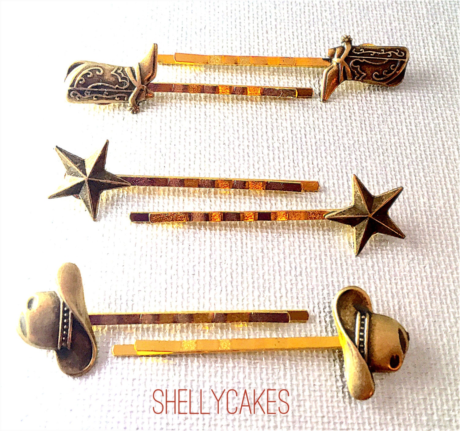 Brass Hair Pins Cowboy Boot Cowboy Hat Stars Vintage Brass