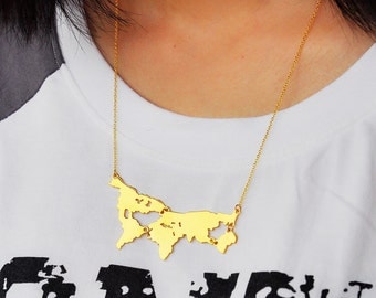 Map Of The World Necklace Gold World Map Necklace, Personalized World Continent Connected Necklace, Custom Any map, Statement Necklace,1 World in Memory Jewelry