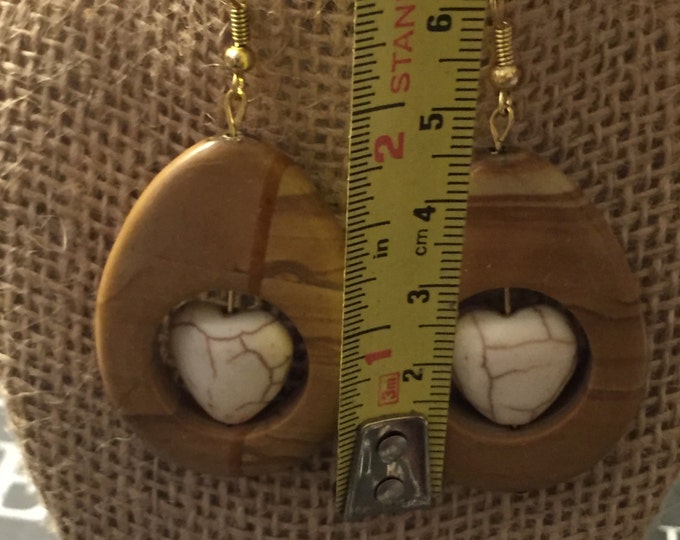 Wood and Stone Heart Earrings