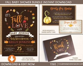 Fall Pumpkin Baby Shower Bundle • Invitation, Book Request Card, Diaper Raffle Card, Thank You Card • Instant Download Printable BS-F-02
