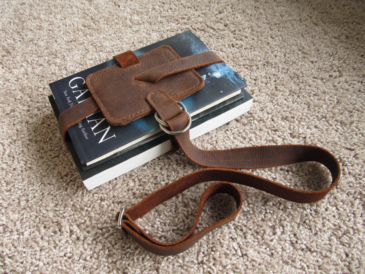 Classic Brown Leather Book Strap with Adjustable Loop Handle