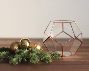 Glass Geometric Terrarium, Copper Desk Planter, Wedding Centerpiece, Wedding Decor, Teacher Gift, Coworker Gift, Dodecahedron, Pencil Holder