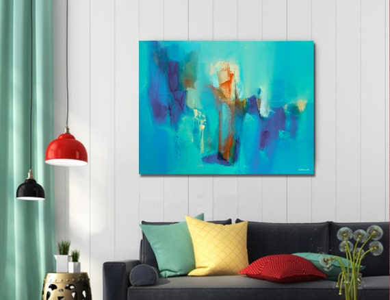 Painting Blue and Orange Abstract Painting Two Pieces Modern