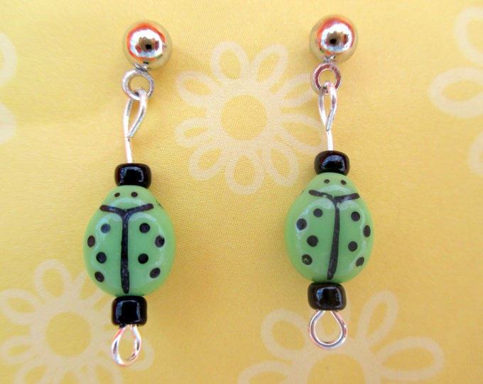 Ladybug jewelry-insect posts-ladybug gifts-sterling silver-bug dangles-storybookearrings-czech glass stud-green lady bug-clip on earrings