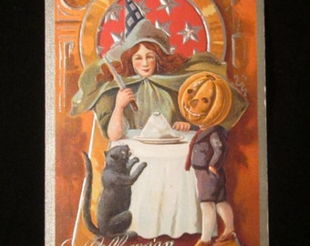 Antique Witch, Black Cat, Jack O Lantern Halloween Postcard c: 1910