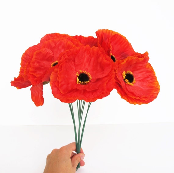 11 Dark Orange Light Red Poppies Artificial Flowers Silk Poppy