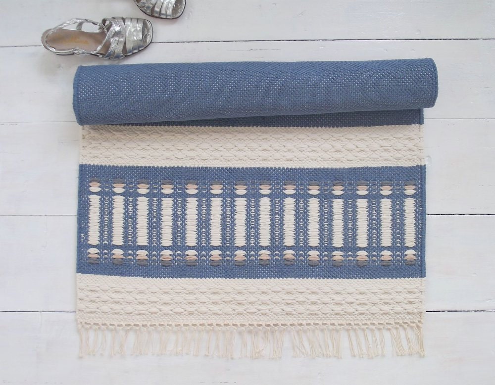 Blue and off white rug small cotton rug reversible handmade
