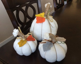 White Sweater Pumpkins, Stuffed Fabric Pumpkins, Thanksgiving Table Top Decor, Halloween Accent, Pumpkins, Autumn Decor, Table Centerpiece