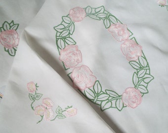 Vintage Linen Rectangular Tablecloth. Large Oblong Tablecloth with Hand Embroidered Pink Roses. Perfect For An Afternoon Tea Party!