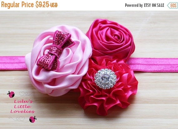 On Sale Pink Flower Headband Sequin Bow & Rhinestones on your choice of Elastic for Newborn - Adult Photoshoot Valentines Flower Girl  RTS