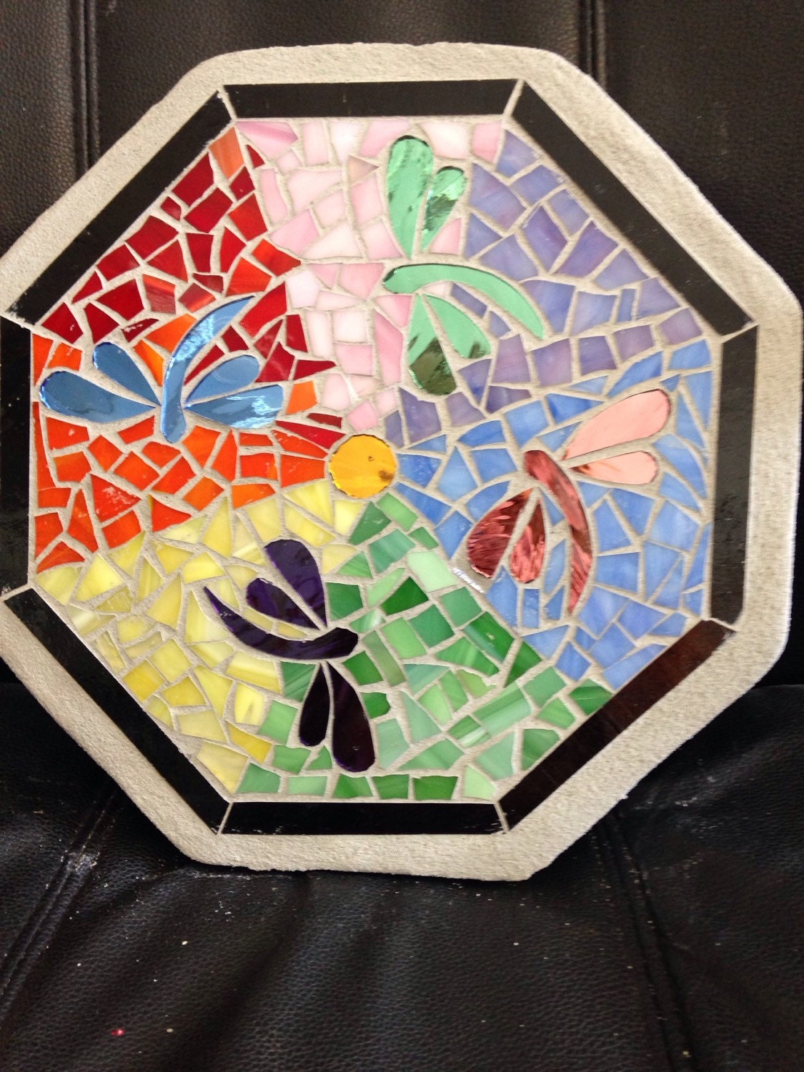 Dragonfly and rainbow stained glass mosaic stepping stone
