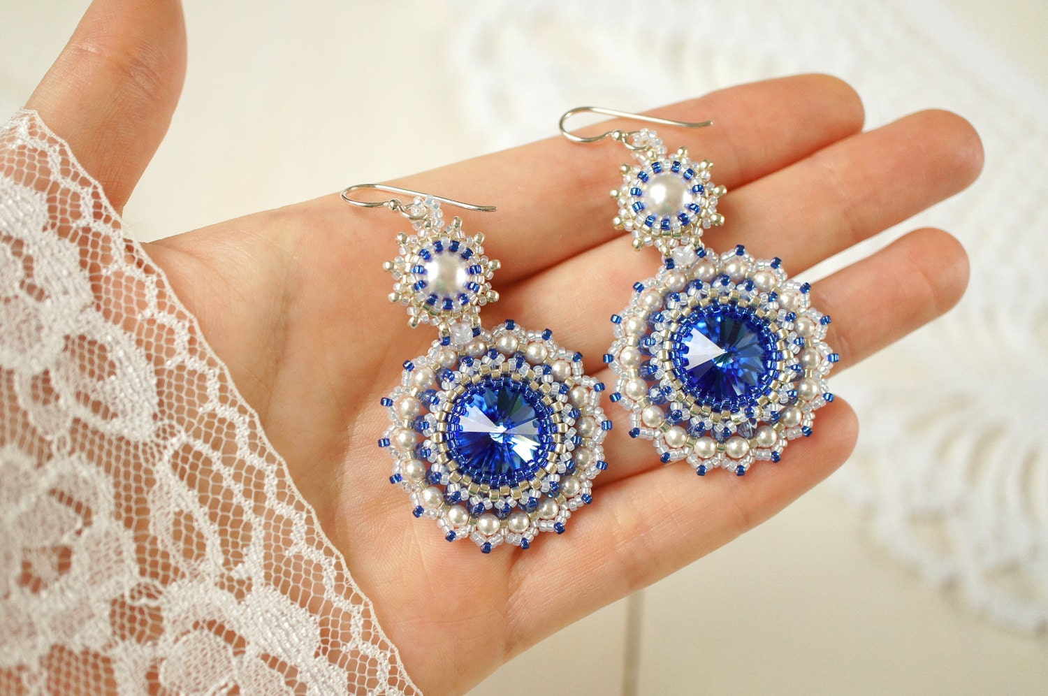 Bead woven earrings Sapphire. Beadwoven earrings