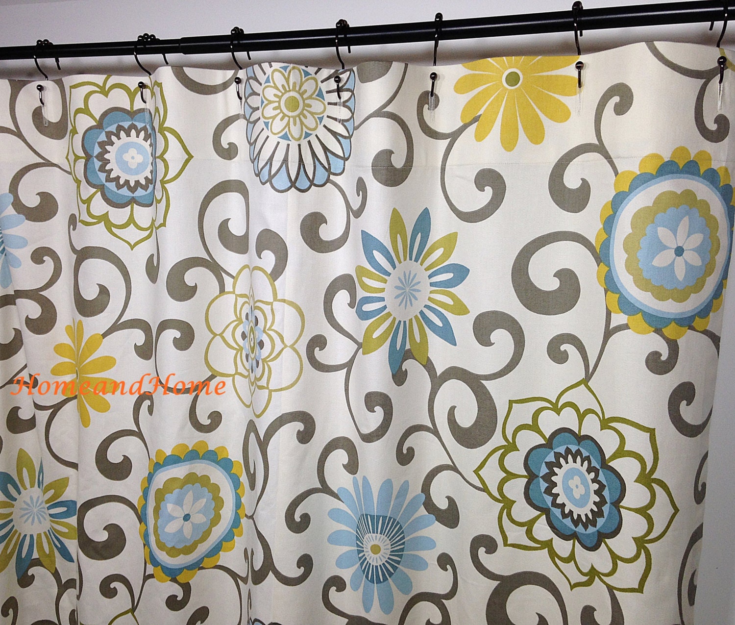 Fabric Shower Curtain Waverly Pom Pom Play Spa ivory Spa Blue