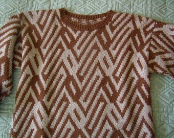 sweater woman-man-teen, EU 38/40, hand, Brown and beige jacquard knitting, Vintage
