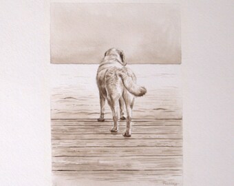 Golden Retriever, At the Dock, Sepia, Original Watercolor Painting, 8 x 10