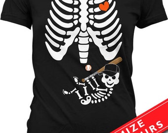 Pregnant Skeleton Shirt Halloween Pregnancy Costume Baseball Pregnancy Announcement Unisex Skeleton Pregnancy Shirt Ladies TShirt MD-370A