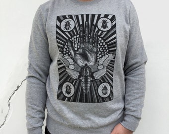 MENS sweater, Moth shirt, Palmistry hand, mystical art, tarot shirt, men's sweatshirt, fortune telling, steampunk clothing, occult clothing