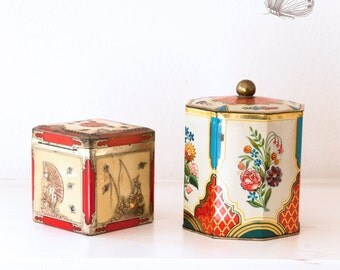 2 Vintage Asian Style Tin Boxes - Made in England - Free Shipping Within the USA