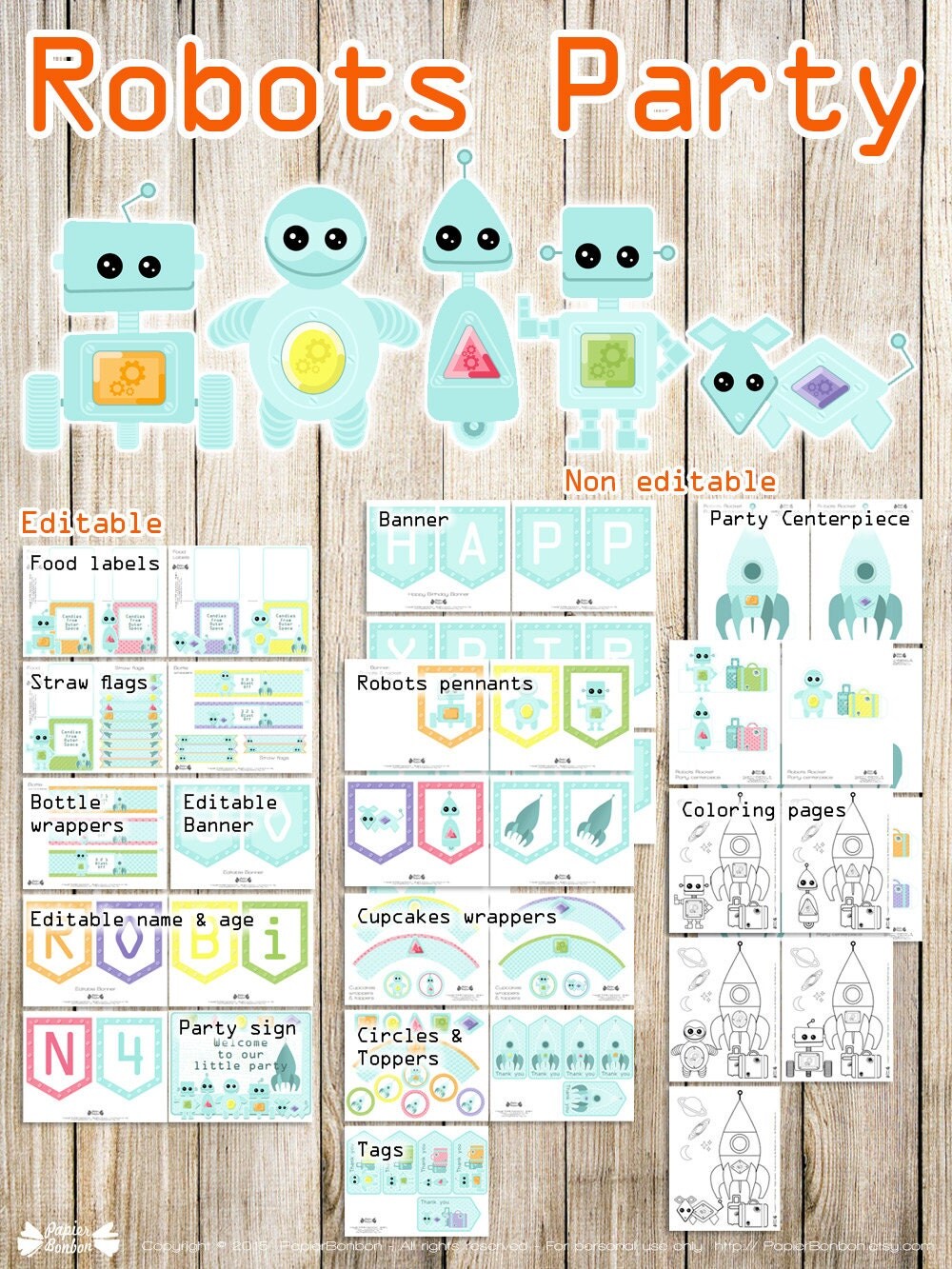 Robots party printable 5 robots and rocket for a by PapierBonbon
