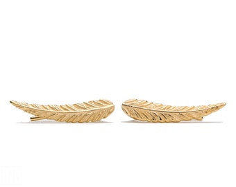 Yellow Gold Ear Cuff Feather Ear Climber Pin Earrings Boho Jewelry - FES018 T2
