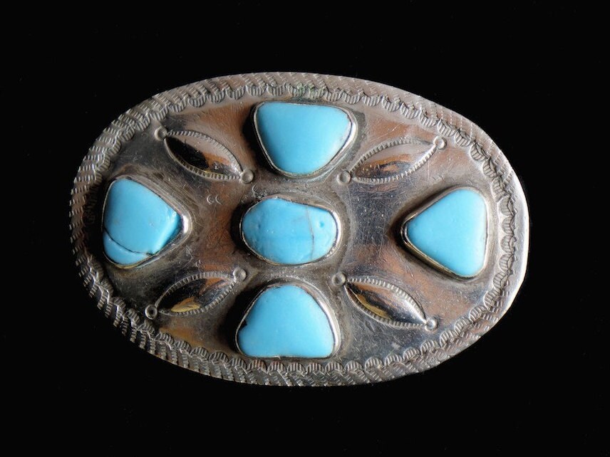 Old Pawn Silver Navajo Belt Buckle with 5 Turquoise Stones