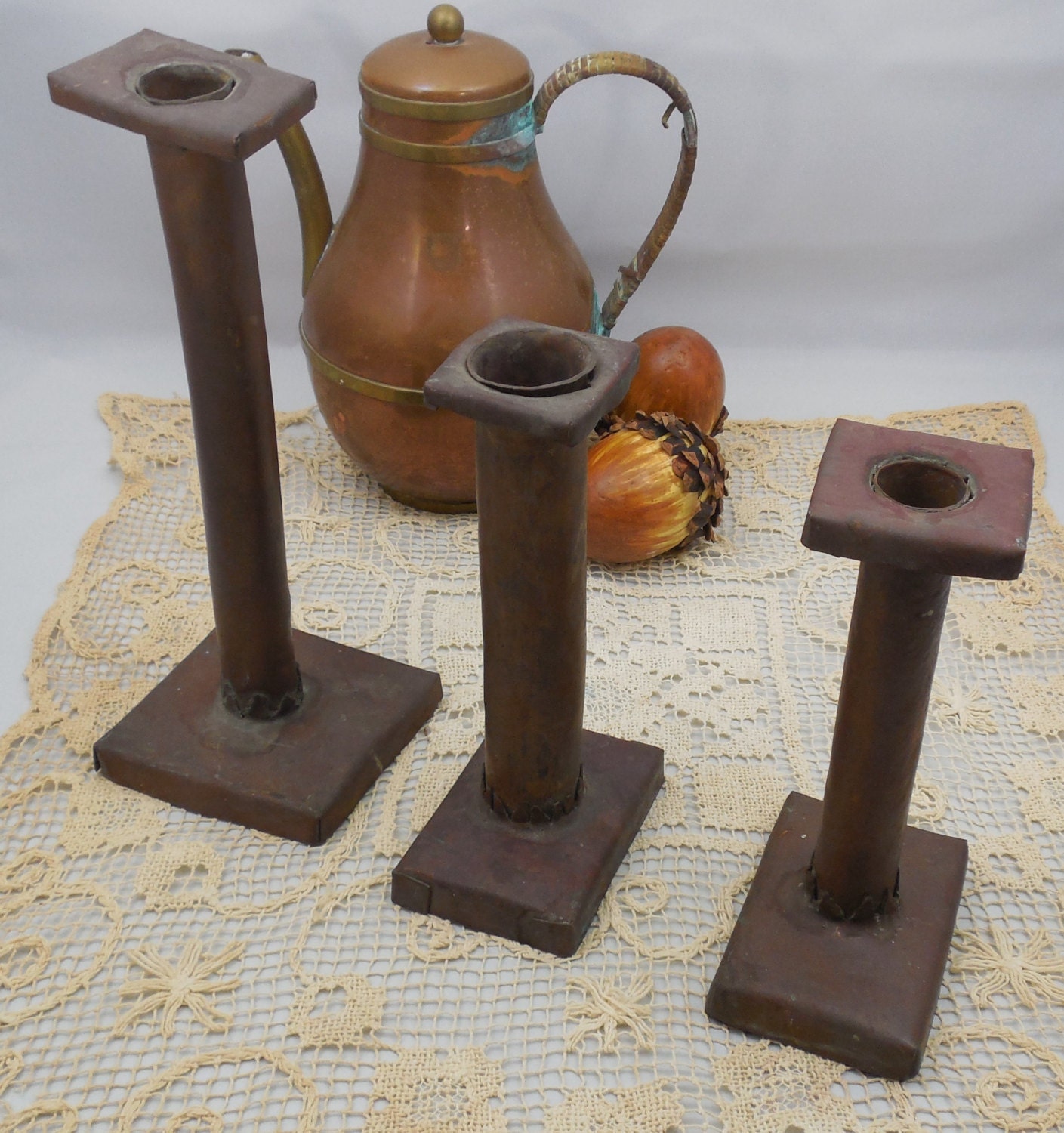 Rustic Copper Candlestick Holders Vintage Trio by ShellyisVintage