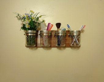 Mason Jar Organizer - Mason Jar Decor - Bathroom Organizer - 4 Pint Jars Included - Many Different Finishes Available - Hangers Installed