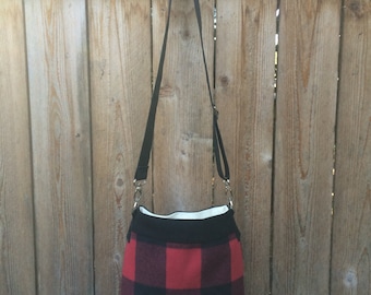 Wool Cross Body Bag - Upcycled Bag -Wool Leather Crossbody Bag -Womens Handbag - Black Leather Bag - Red Black Womens Bag - Recycled Fashion