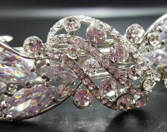 New Bridal Silver & Crystal Cluster 3 1/2'' Hair Barrette With Lever Back Closure
