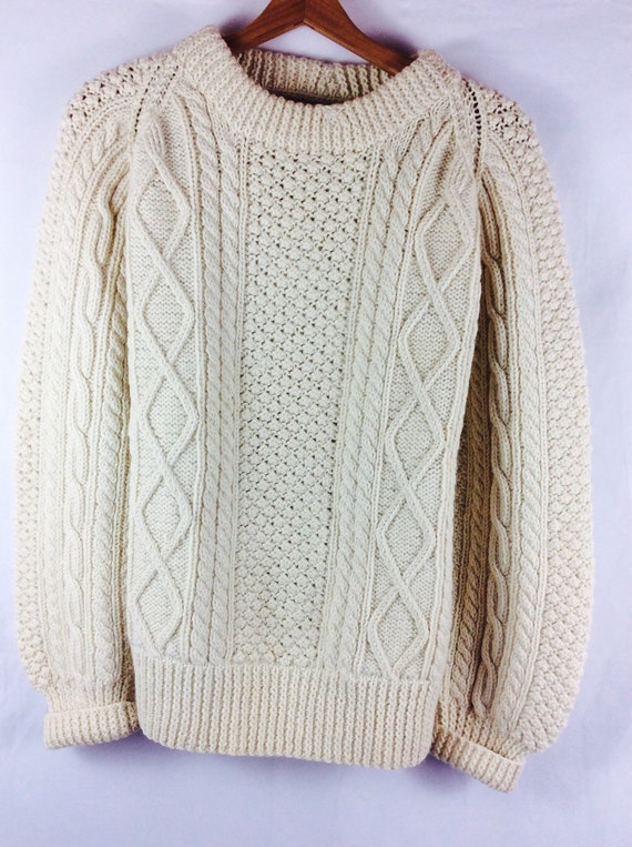 Wool Irish fisherman sweater cream handknit winter sweater