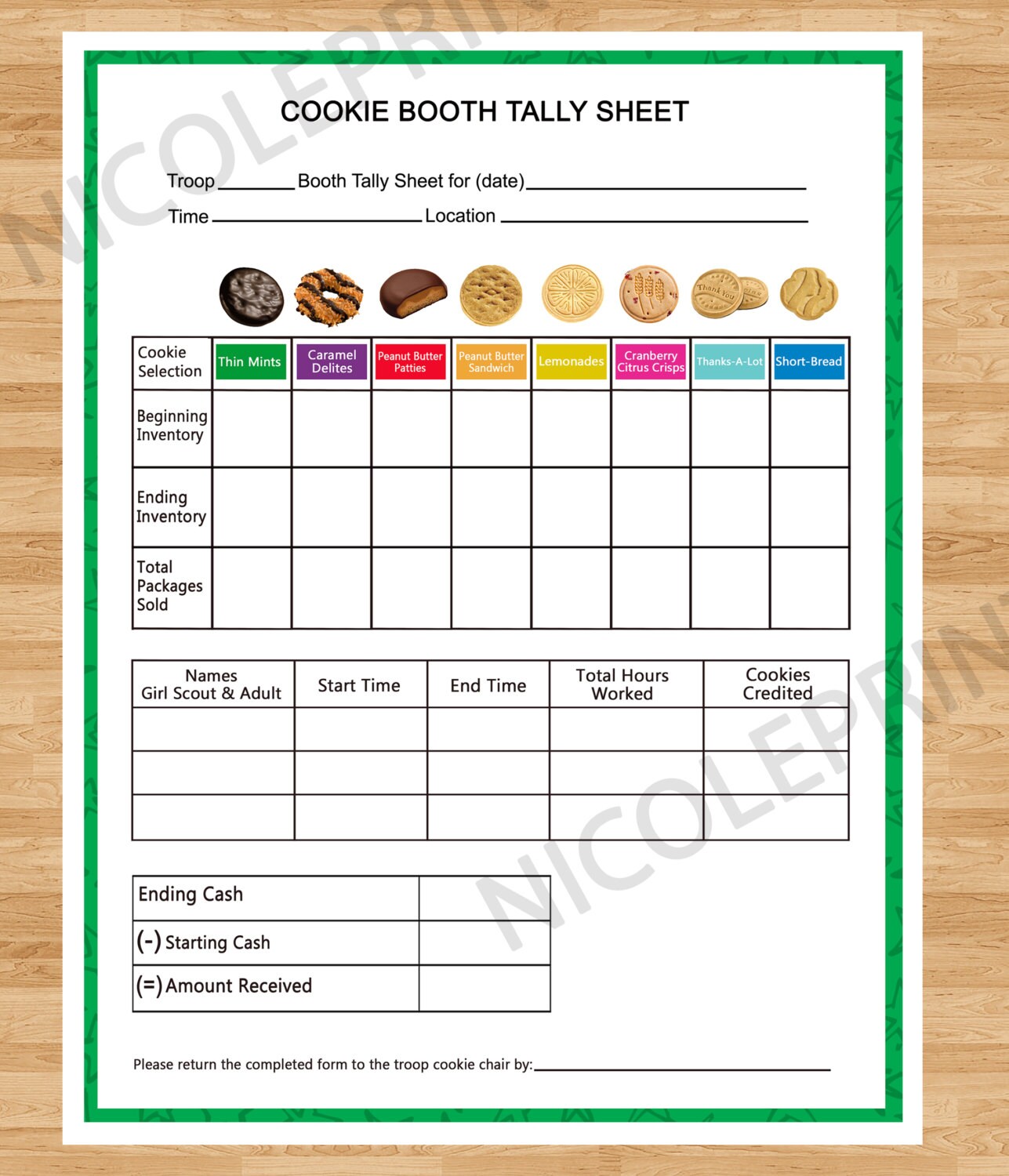 Cookie Booth Tally Sheet Cookies Can Be Customized