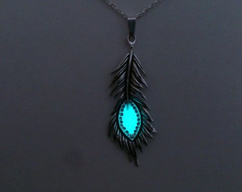 Peacock Feather Necklace / Aqua Glow in the Dark Jewelry / Girlfriend Gift / Glowing Pendant / Silver tone / Mom Gift / Gifts for Her