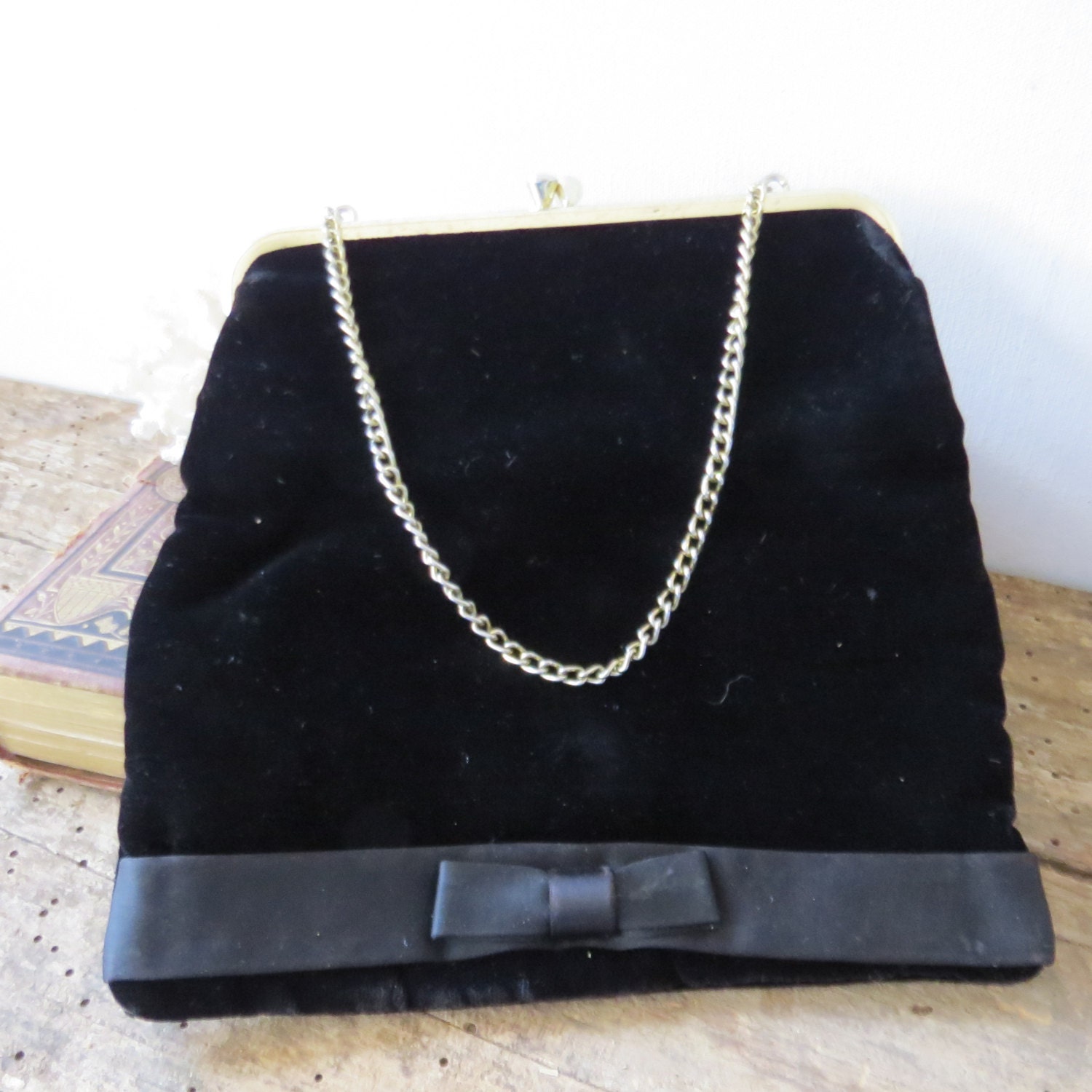 Vintage Black Velvet Evening Bag Purse with Black Satin Tuxedo