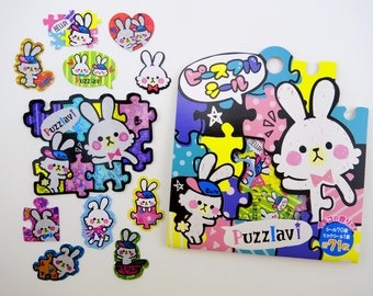 71 Japanese puzzle bunnies SCENTED shimmer sticker flakes - kawaii white bunny rabbits - jigsaw puzzle pieces - caption bubble - emoticons