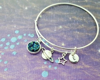 Space Bangle, Planet Charm Bracelet, Space Jewellery, Personalised Bangle, Silver Bangle, Geeky Gift, Galaxy Jewelry, Faux Druzy Bangle
