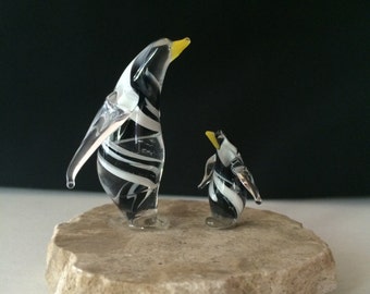 Handblown Glass Penguin & Baby Sculpture