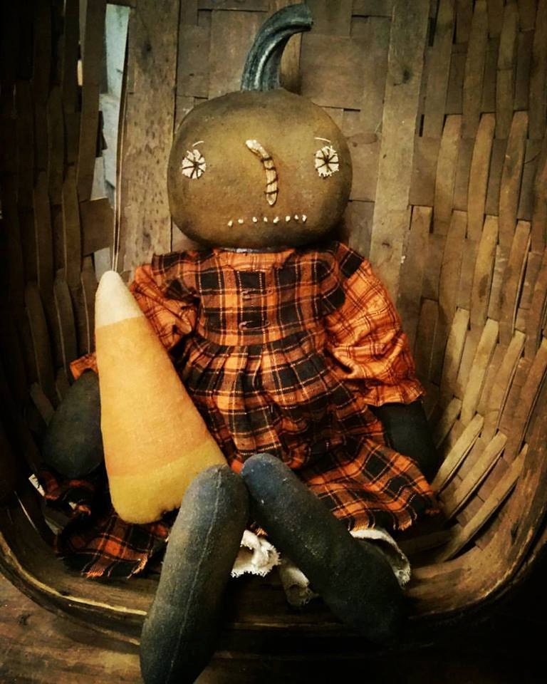 Primitive Pumpkin girl Cloth doll Fall Halloween Pumpkin head